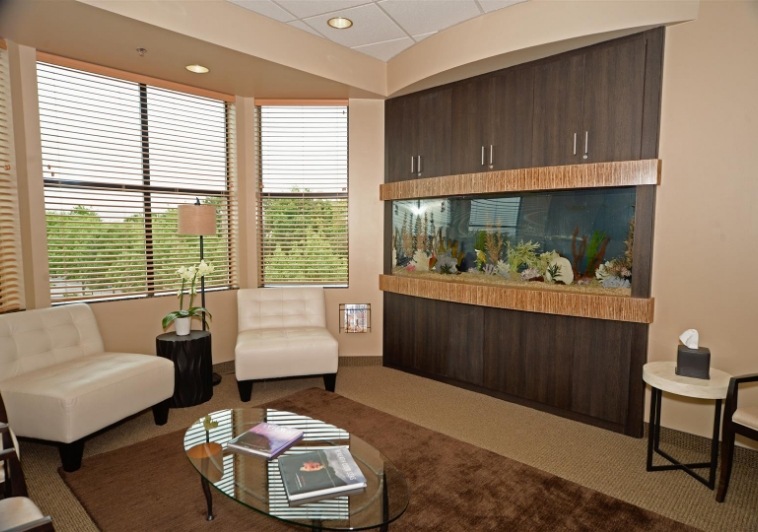 Fish tank on side of dental office waiting area