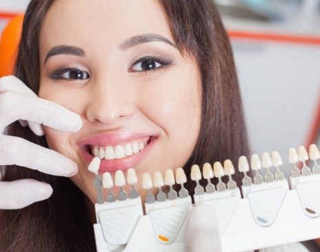 Cosmetic dentist holding a shade guide next to a smiling patient